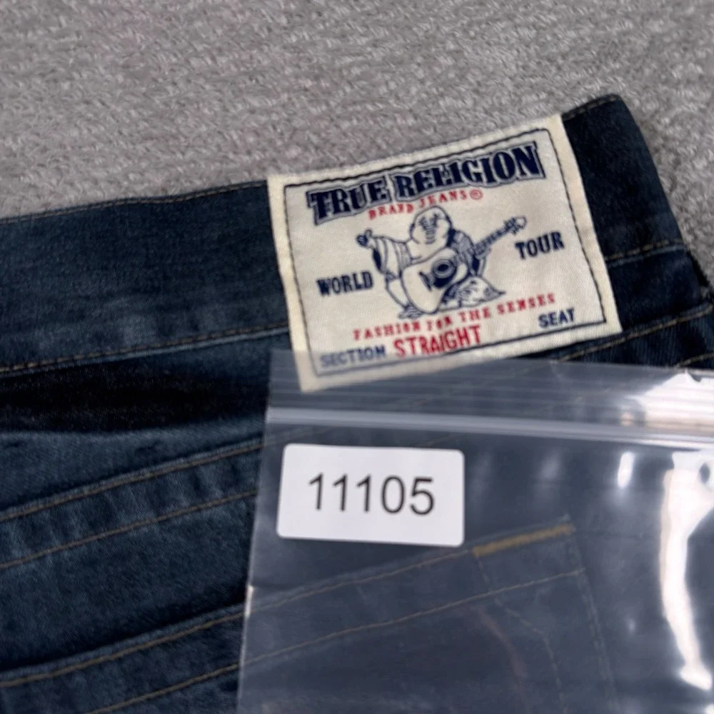 True Religion Jeans Mens 44x34 Straight Allover Earthworm Gold Cursed Blue Denim